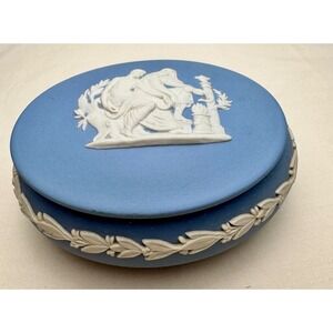 Wedgwood Blue Jasperware Oval Trinket Box White Bas Relief Neoclassical England